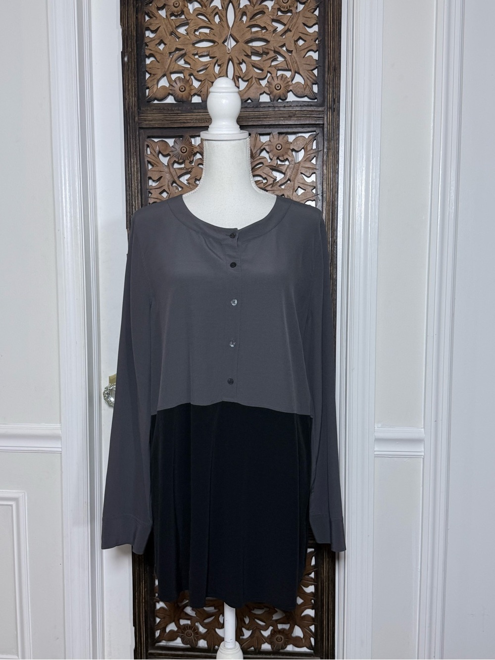 Eileen Fisher Colorblock Button Front Long Sleeve Tunic Gray Black Size M